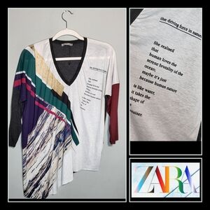 NWOT ZARA W&B Mixed Media Top | Size Medium | Bold Abstract Nature Semi Sheer